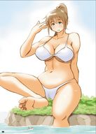 drawing giantess color swimsuit barefoot cleavage water brunette ponytail boats bikuta
