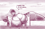 drawing giantess monochrome cleavage huge_breasts lying_down xanafar commission aliessa castle_wall castle_gate ranger