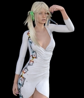 blonde long_hair clothed handheld cleavage green_eyes dress ponytails standing dangle manicure digital_render black_background