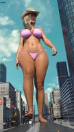 giantess city mega blonde long_hair swimsuit barefoot cleavage buildings navel walking sunglasses streets onlookers cowboy_hat digital_render amgipi