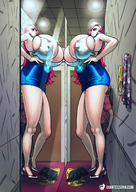 drawing nipples color long_hair clothed cleavage skirt high_heels huge_breasts brunette red_hair ponytail amazon standing mirror top belt giantessfan butt_smother dressing_room