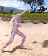 gentle giantess blonde long_hair clothed sandals navel belly airplane running sand ponytails manicure trees hills biplane digital_render tossing crop_top pink_pants
