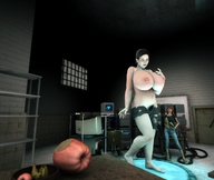 growth nipples black_hair long_hair barefoot pubic_hair cleavage huge_breasts red_hair mini_giantess navel apple bite table standing bowl looking_up ripped_clothing basement digital_render computers enlarged_fruit experimentation