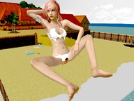 giantess black_hair swimsuit beach barefoot cleavage butt_crush annoyed digital_render giantlightningfan