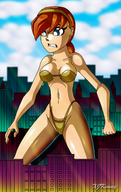 breasts drawing giantess city mega color swimsuit blue_eyes cleavage red_hair ponytail new_york_city headband teenage_mutant_ninja_turtles april_oneil xjkenny