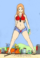 drawing giantess city color long_hair swimsuit beach sandals looking_down sunglasses flip_flops necklace bag colonel-gabbo