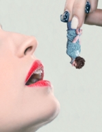 collage vore unknown_artist shrunken_man open_mouth red_lips between_fingers imminent_vore no_background