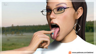 tongue mouth teeth finger glasses brunette hand shrunken_man imminent_vore emi digital_render