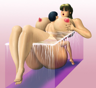 drawing nipples gentle nude color long_hair butt barefoot water huge_breasts brunette mini_giantess ranmaru tub straddling squeezing overflowing between_breasts