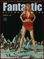 giantess blonde space long_hair planet cleavage bra skirt sandals navel belly running standing hands_on_hips craters magazine_cover fantastic_science_fiction