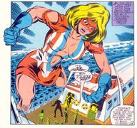 breasts drawing nipples giantess mega blonde comic color clothed cleavage ocean gloves short_hair navel mask standing onlookers thighs fist costume dialogue femforce yacht ms_victory