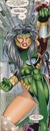 drawing giantess comic black_hair color long_hair clothed handheld angry kneeling fist costume dialogue masada team_youngblood
