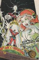 drawing gentle color large_breasts long_hair cleavage superhero red_hair muscles headphones shrunken_man looking_down comic_book smoke costume green_dress dialogue shrinking_machine test_tubes