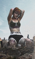 city mega destruction bra helicopter short_hair kneeling shorts fishnets sand vehicles smoke tattoo arms closed_eyes necklace top raised_foot debris colourful_hair