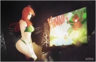 drawing giantess color long_hair butt swimsuit blue_eyes cleavage red_hair standing night hawaii power_lines billboard a_i_k_art
