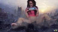 panties city mega destruction high_heels glasses sitting phone looking_down open_mouth piercing photograph shirt flash miss_jade