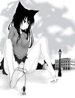 drawing panties upskirt monochrome large_breasts long_hair camel_toe fox_ears sitting legs foot_slave chained shirt lamp