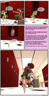 breasts nipples blonde comic long_hair barefoot shrinking shoes scared story red_hair sitting navel spell running coat dialogue locker_room spell_book digital_render capris openhighhat vanity