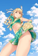 drawing blonde color long_hair clothed skirt cheerleader navel belly clouds thighs point_of_view top looking_at_viewer ribbons pom-poms