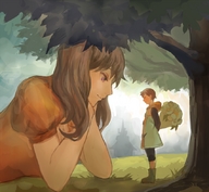 drawing giantess blushing color purple_eyes smiling tree short_hair boots pigtails shorts grass jacket flowers seven_deadly_sins diane_(seven_deadly_sins)