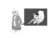 drawing masturbation blonde monochrome long_hair cum penis handheld skirt orgasm shrunken_man naked_man jacket trapped_inside_pocket