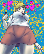 drawing gentle blonde color long_hair handheld cleavage skirt ponytail shrunken_man looking_down standing shirt loviig