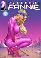 drawing mega blonde comic color cleavage high_heels buildings huge_breasts spaceship looking_down crouching goggles giantessfan body_suit hand_on_leg flagship_fannie