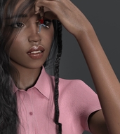 gentle black_hair long_hair clothed handheld shrunken_man dangle shirt braid digital_render