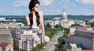 giantess collage city long_hair buildings brunette unknown_artist kneeling sky