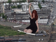 giantess city destruction handheld train dress sitting aerial_view source_needed redhead_giantess train_yard