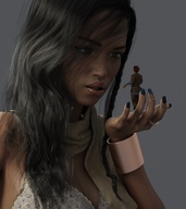 gentle giantess black_hair long_hair handheld cleavage bra looking_down manicure rings braid bracelet scarf digital_render
