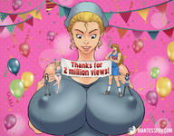 drawing nipples gentle giantess blonde color long_hair blue_eyes cleavage skirt huge_breasts brunette multiple_sizes muscles shorts standing balloons top banner giantessfan celebration streamers