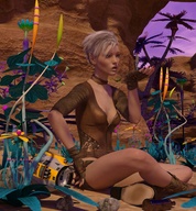 gentle blonde clothed handheld cleavage gloves spaceship boots sitting shorts bottle shrunken_man standing manicure rocks belt plants looking_at_tiny digital_render