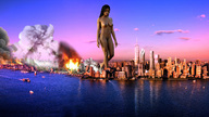 breasts collage nude city mega destruction unknown_artist fire skyscraper smoke sunset waterfront