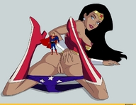 drawing gentle pussy panties black_hair color long_hair butt boots legs amazon shrunken_man standing costume undressing superman wonder_woman looking_back cape tiara on_butt no_background dc_comics