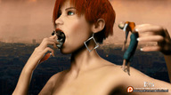 giantess vore city tongue mouth teeth handheld green_eyes red_hair soft_vore earrings emi digital_render