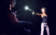 glasses brunette shrinking_man top shrink_gun sorenzer0 looking_at_tiny darkness digital_render too_cool_for_school