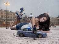 giantess collage small_man high_heels brunette snow vehicles rome looking_at_viewer snowing