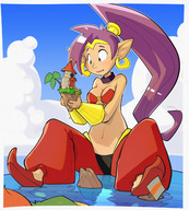 drawing giantess color large_breasts long_hair handheld water ocean purple_hair island ducky cartoon houses earrings sailboat shantae