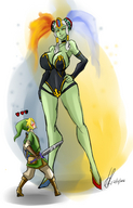 drawing giantess blushing color mini_giantess unknown_artist nintendo nosebleed source_needed no_background green_skin looking_at_tiny the_legend_of_zelda twinrova link_(the_legend_of_zelda)