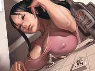 breasts drawing nipples gentle black_hair color long_hair barefoot cleavage bra glasses huge_breasts kneeling bottle shrunken_man game lifting shirt