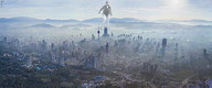 giantess collage city mega buildings glasses shorts walking looking_down mountains jacket raised_foot kuala_lumpur tied_hair