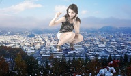 giantess collage buildings brunette kneeling vehicles sky between_fingers looking_at_tiny lolzyguyorsumtin