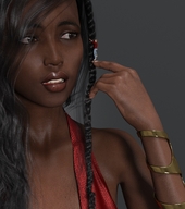 gentle black_hair long_hair clothed handheld climbing pants dark_skin shirt braid top looking_at_tiny digital_render