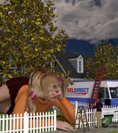 gentle giantess blonde clothed skirt lying_down ponytails sweater fence ladders looking_at_tiny digital_render moped delivery_truck