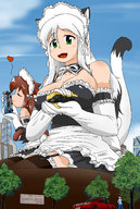 drawing gentle giantess white_hair small_man tail color licking cleavage skirt saliva green_eyes bus open_mouth giantesses maid_uniform cat_girl vehicles garters closed_eyes trees hank88 elbow_gloves sammy car_wash vegasmazza3 kanade