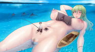 drawing nipples gentle giantess nude pussy color pubic_hair water green_eyes huge_breasts green_hair lying_down sitting fishing boats bird looking_at_giantess fish looking_at_tiny abubu あぶぶ hand_behind_head fishing_rod