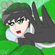 drawing black_hair color green_eyes fairy hand open_mouth point_of_view looking_at_viewer reaching_hand leaves cutelittlenightmare