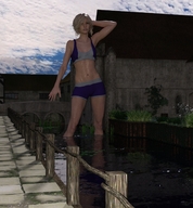 gentle giantess blonde bridge clothed water navel belly shorts standing wading sports_bra digital_render