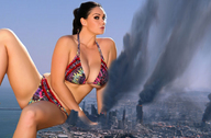 breasts giantess crush collage city mega black_hair destruction cleavage ocean buildings fire skyscraper smoke coast looking_at_viewer captain_rand alison_tyler